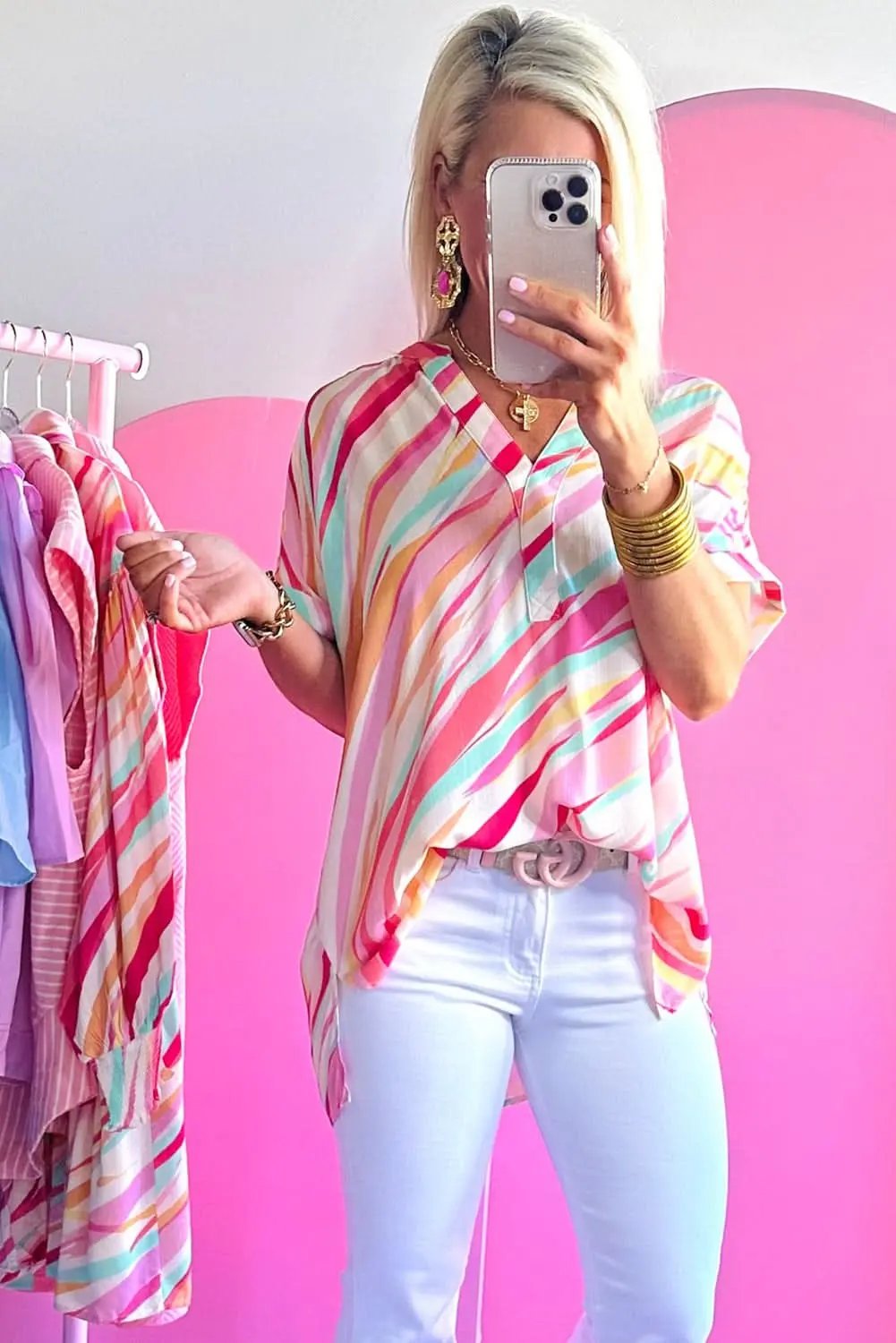 Multicolour Abstract Print High Low Short Sleeve Blouse - Love Salve